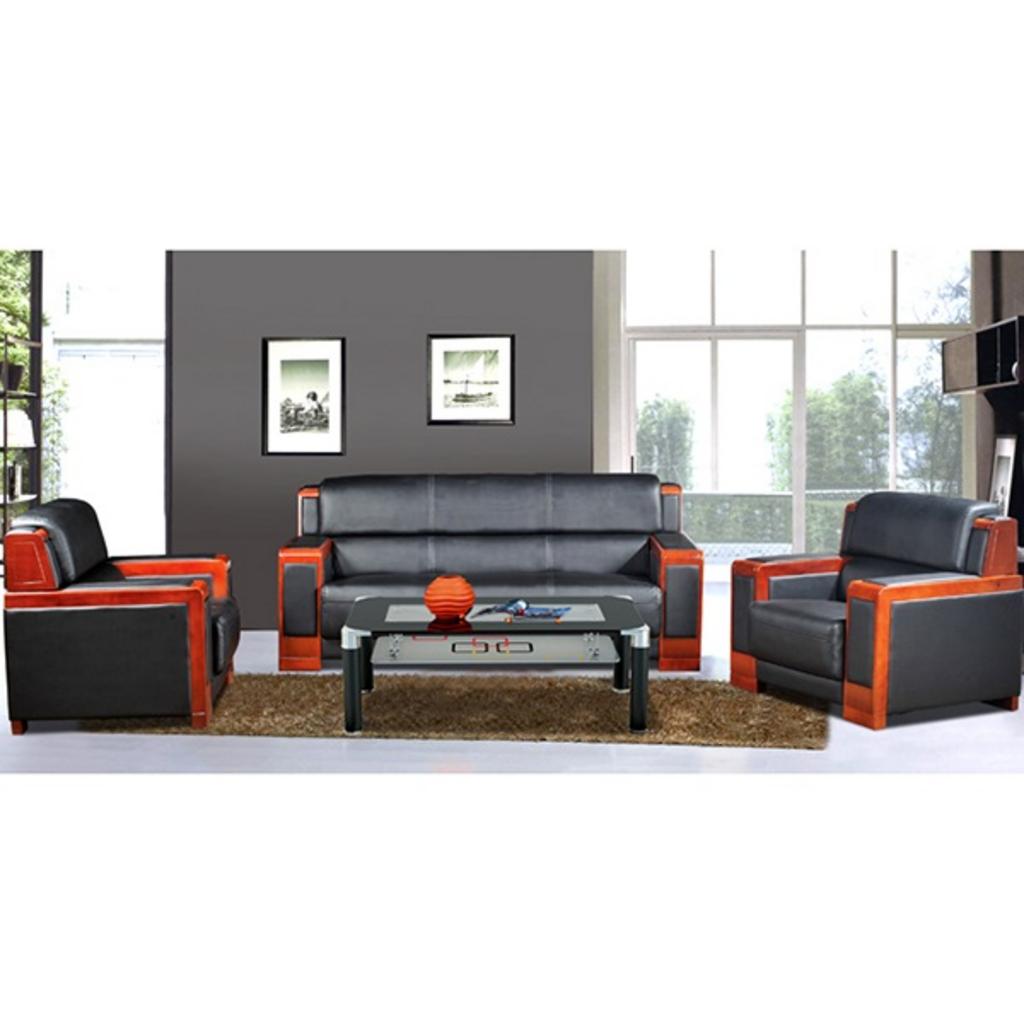 Bộ sofa văn phòng màu đen hiện đại với thiết kế ghế đơn và ghế băng, chất liệu da PVC và tay ốp gỗ sang trọng