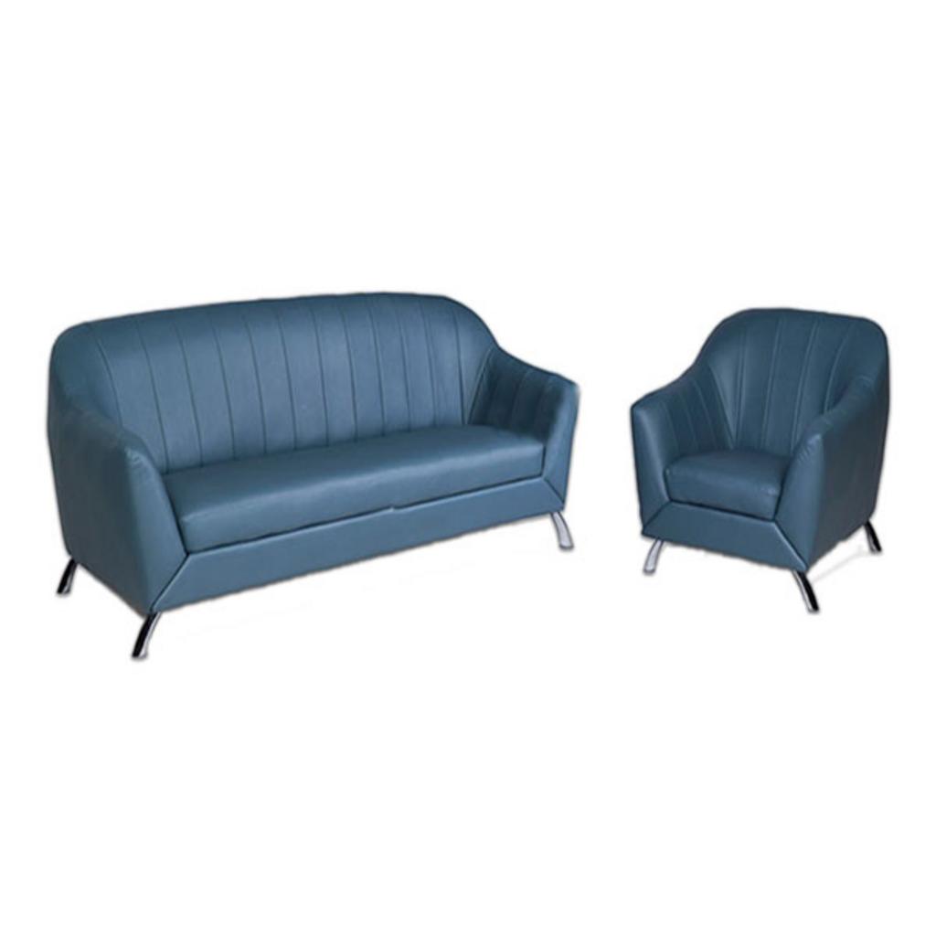 Sofa gia đình SF313 in blue color with leather and PVC upholstery, steel legs in a stylish living room setting