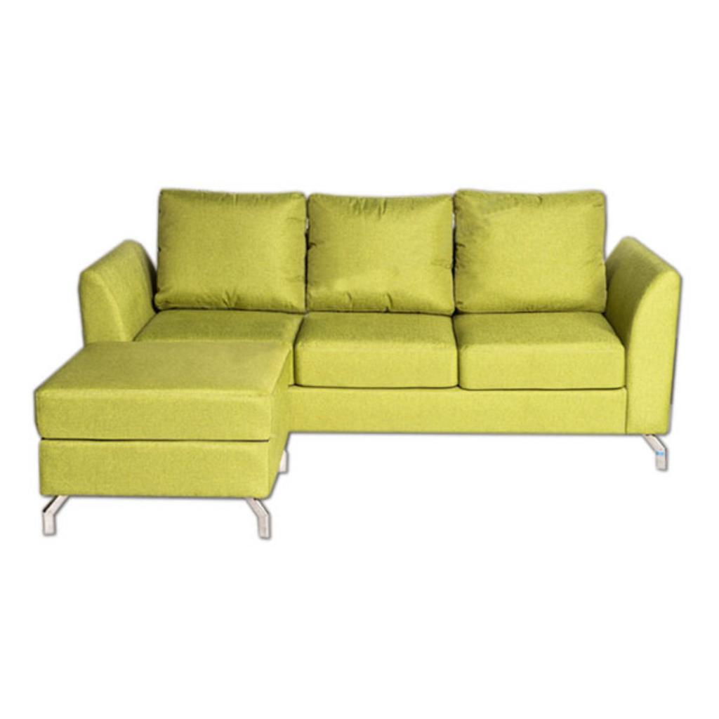 Sofa gia đình SF46 trong phòng khách hiện đại bọc vải nỉ màu xám chân thép mạ sáng bóng ánh sáng tự nhiên