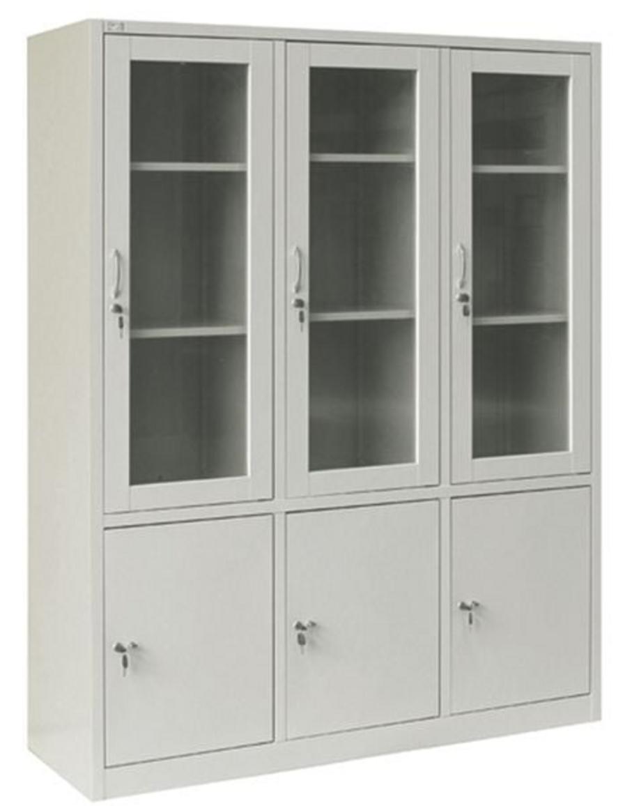 Hình ảnh chi tiết thiết kế 3 khoang với cánh kính trên và cánh sắt dưới của tủ.