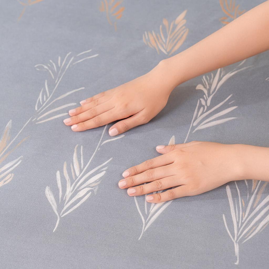 Bộ Ga chun microfiber Amando Ellie M05 trải trên giường — họa tiết M05 tinh tế, bề mặt mềm mịn.
