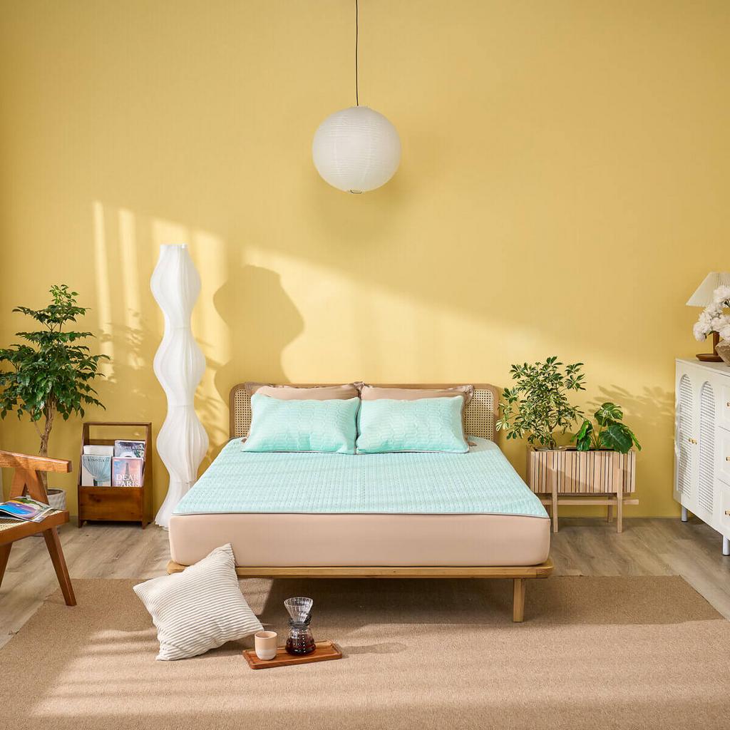 Chiếu điều hòa Doona Aqua — Ice Silk mát lạnh, lõi cao su đàn hồi và cấu trúc lưới 5D tản nhiệt.