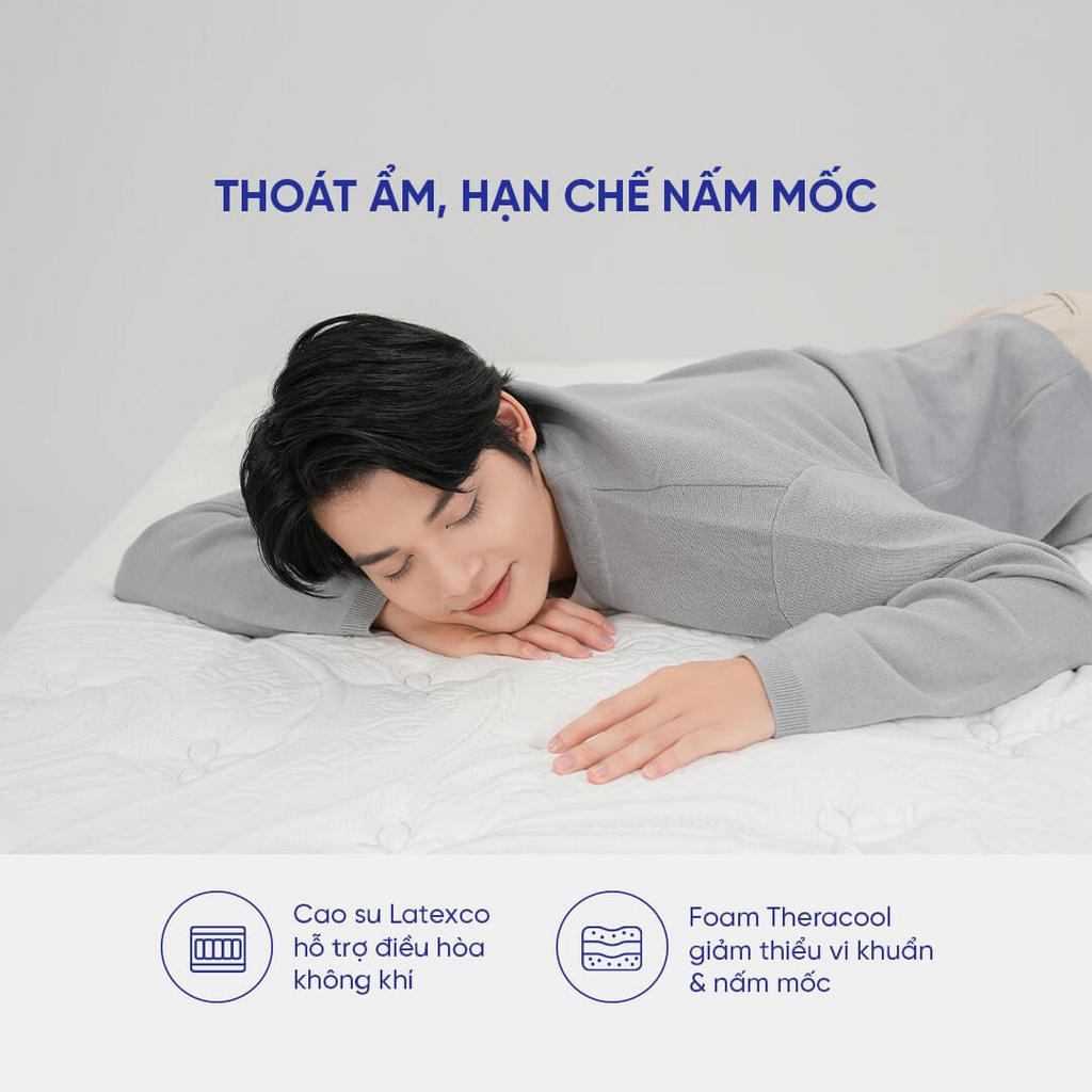 Hệ lò xo túi độc lập — giảm truyền chuyển động giữa hai người ngủ cùng giường, giữ giấc ngủ liên tục (illustration).