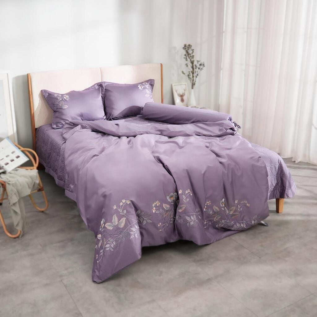 Bộ ga phủ chăn chần Amando thêu cotton satin màu tím
