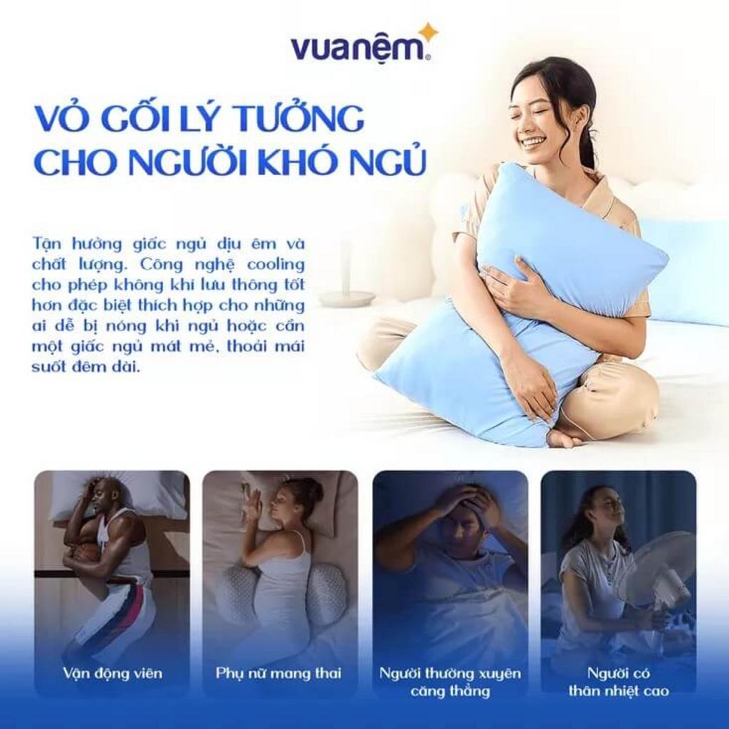 Vỏ gối cooling với sợi làm mát (cool yarn) — mát khi tiếp xúc, thoáng khí.