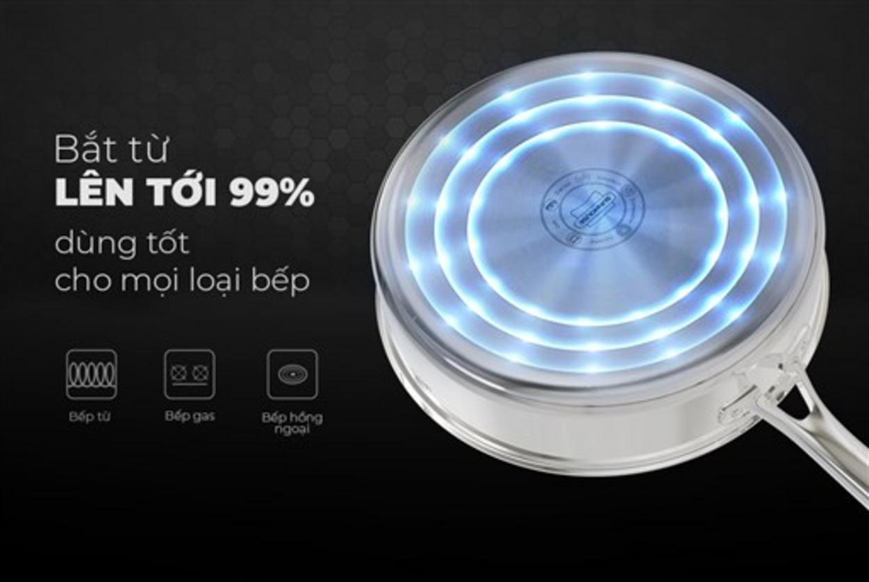 Đáy từ nguyên khối, dùng an toàn trên bếp từ.