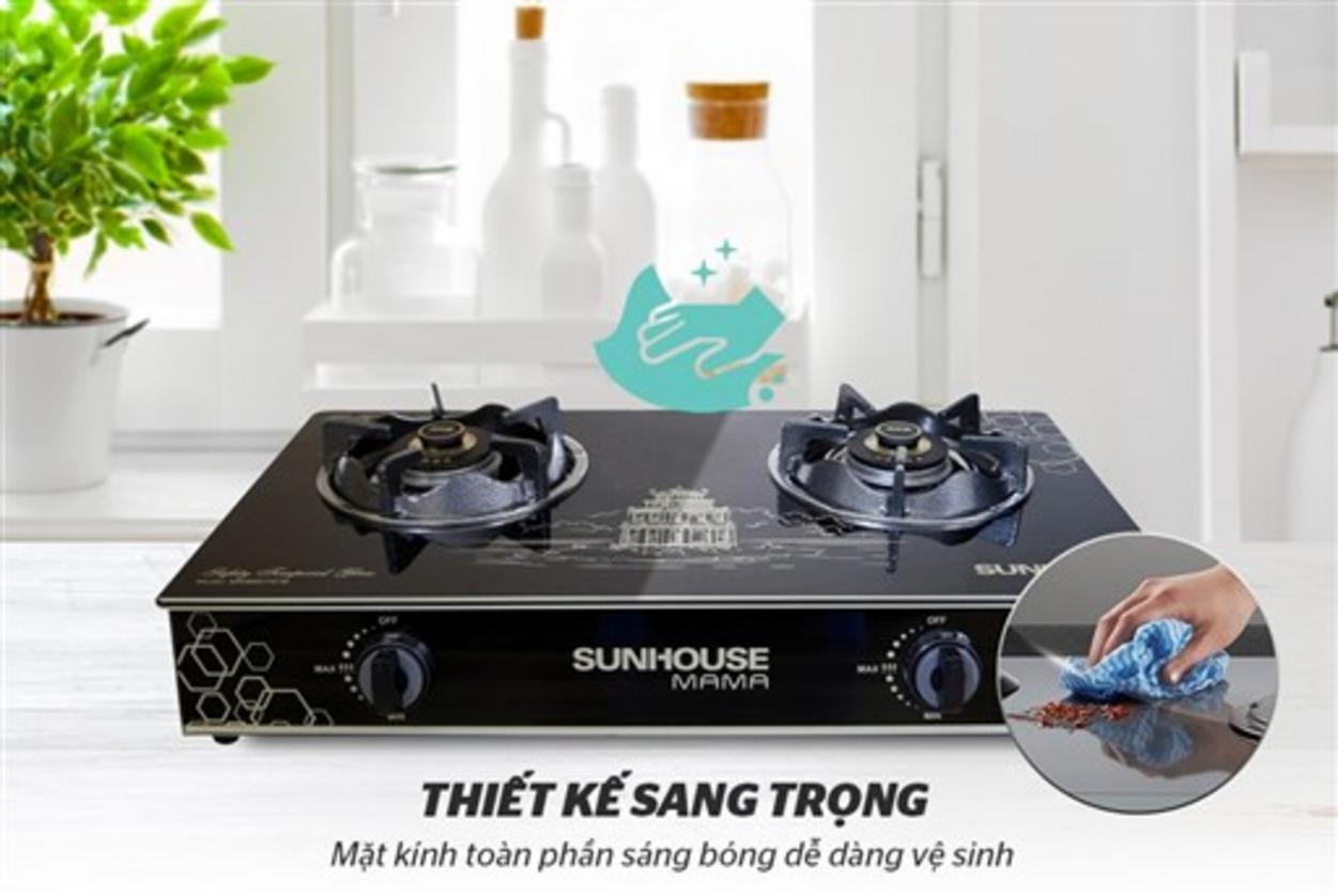 Hero image: Bếp gas Sunhouse MMBB0787B đặt trên mặt bếp hiện đại — phô diễn mặt kính 7mm và đầu đốt đồng.