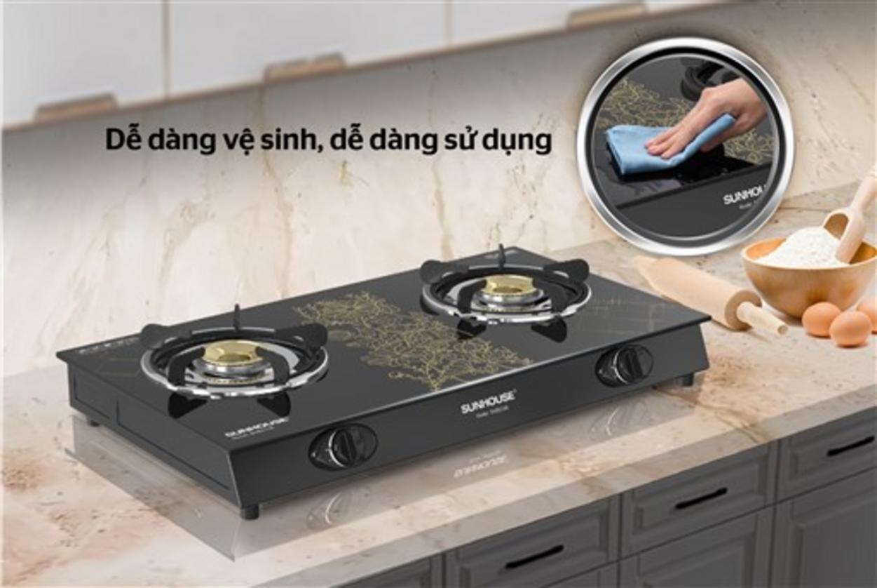 BẾP GAS DƯƠNG KÍNH SUNHOUSE SHB2106 - bếp đôi sang trọng, dễ lau chùi và tiết kiệm gas.