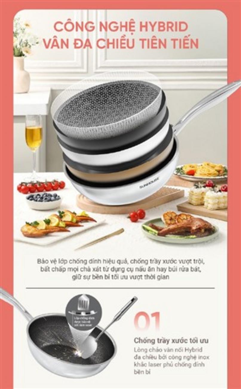 Chảo Sunhouse IN28M8: lòng sâu 28cm, chống dính Hybrid, đáy từ tương thích bếp từ.