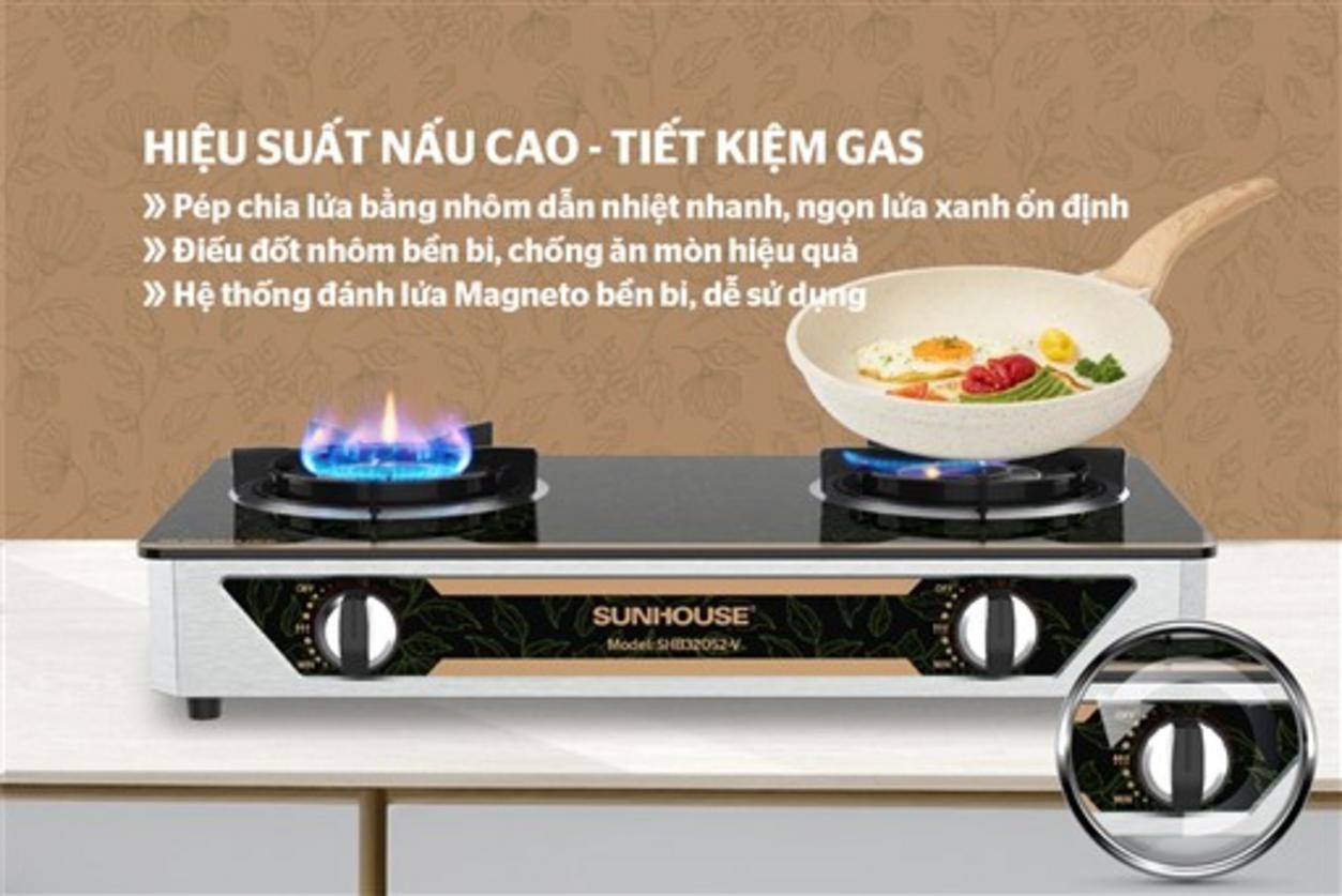 Bếp gas dương kính Sunhouse SHB32052-V — 2 lò, mặt kính chịu nhiệt, ngọn lửa xanh tiết kiệm gas.
