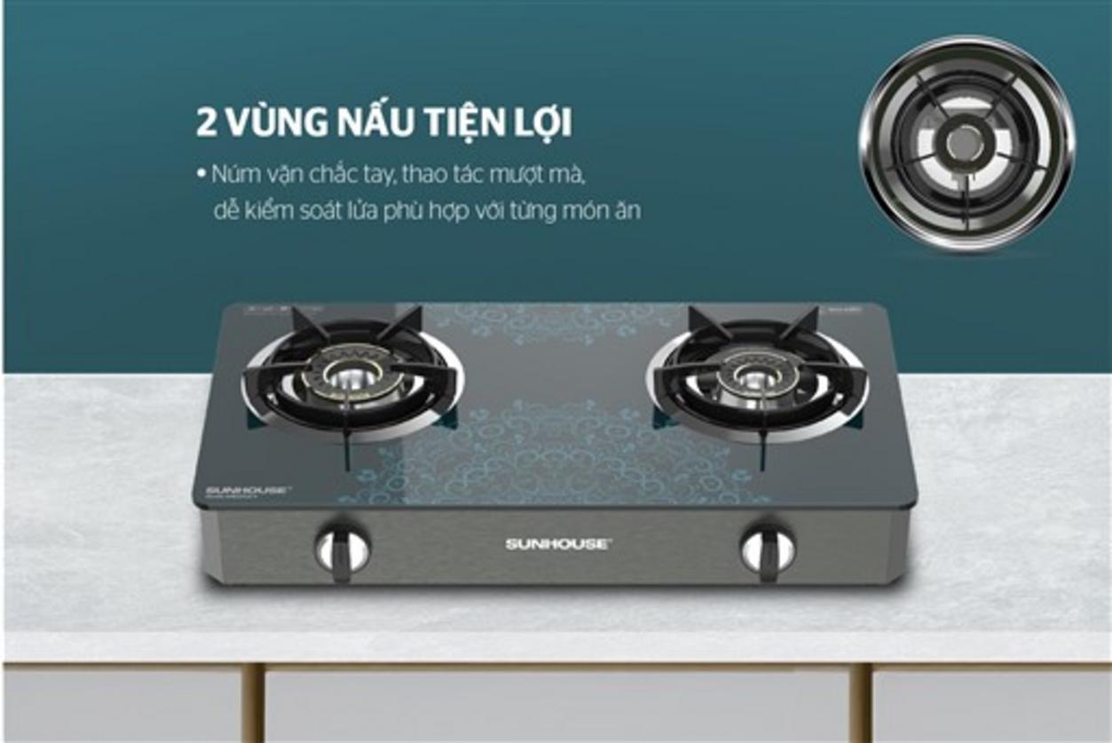 BẾP GAS DƯƠNG KÍNH SUNHOUSE SHB32102-V — Bếp đôi tiêu chuẩn cho gia đình Việt.