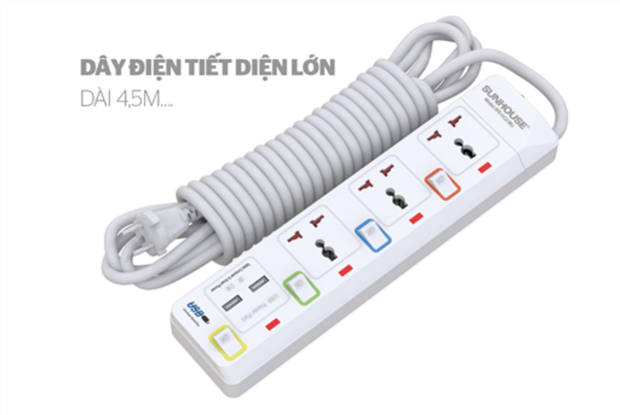 Ổ CẮM ĐIỆN SUNHOUSE SHE-OC2-3RU — an toàn cho gia đình, 3 ổ + 2 USB, dây 2.5m.