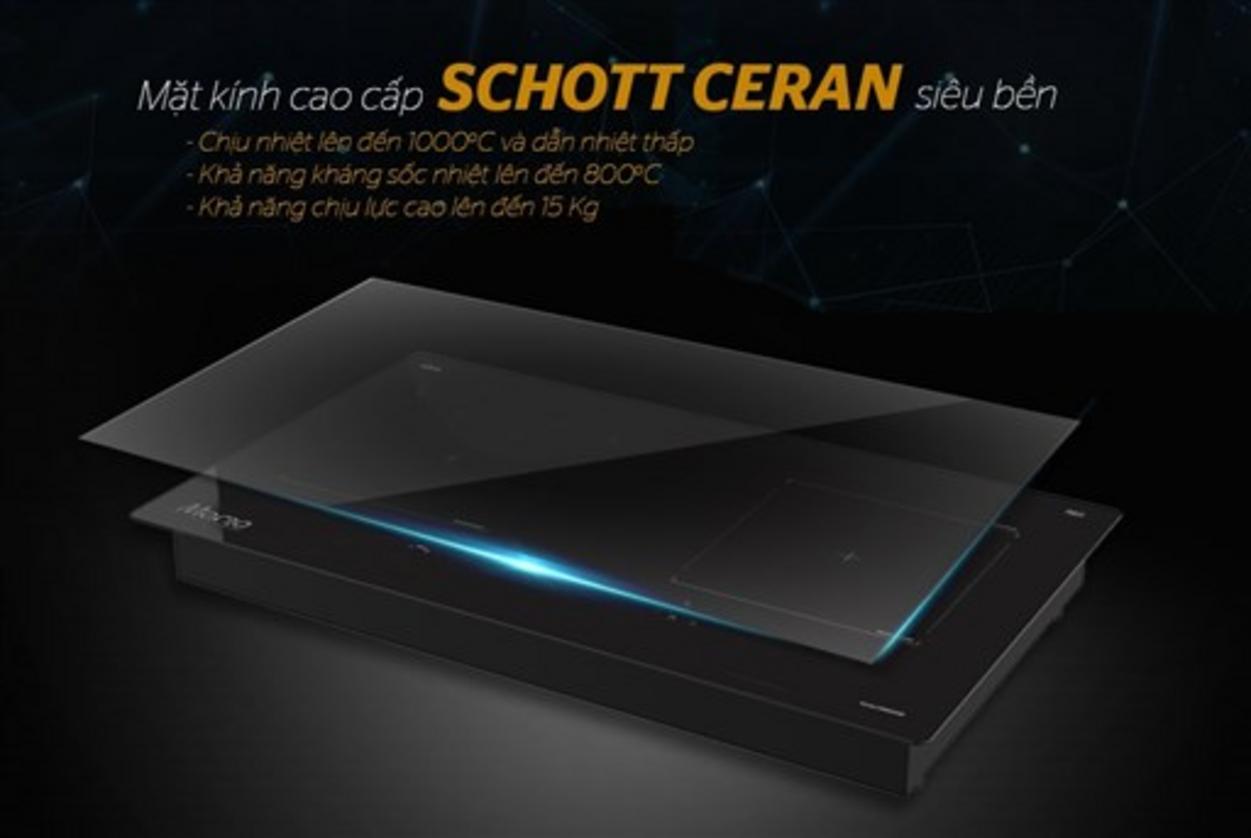 Mặt kính Schott Ceran: chịu nhiệt, chịu lực, lau sạch nhanh.