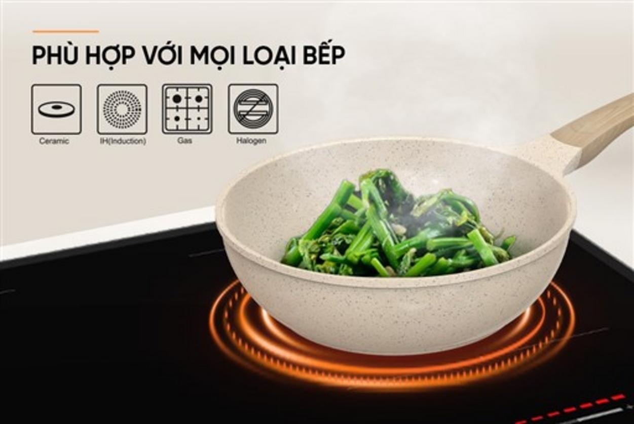 Nhôm đúc nguyên khối + đáy Inox 430: truyền nhiệt nhanh, dùng cho bếp từ.