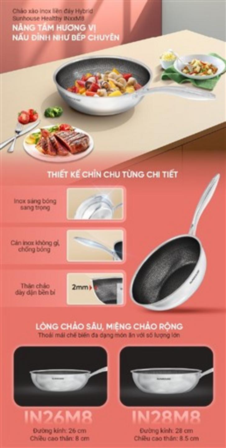 Chảo Sunhouse IN26M8 — inox 304 liền đáy, chống dính Hybrid, phù hợp bếp từ và gia đình 3–5 người.