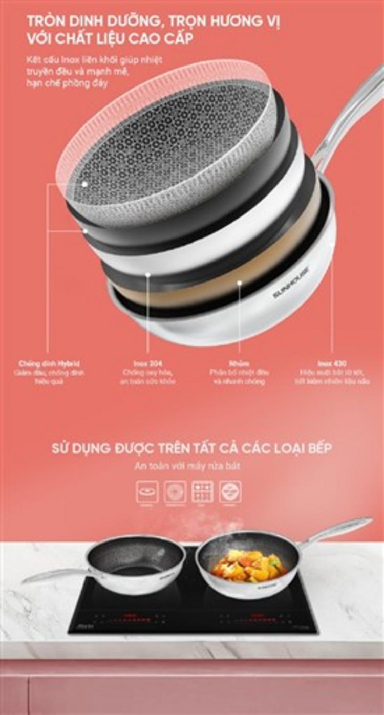 Chảo Sunhouse IN26M8 — inox 304 liền đáy, chống dính Hybrid, phù hợp bếp từ và gia đình 3–5 người.
