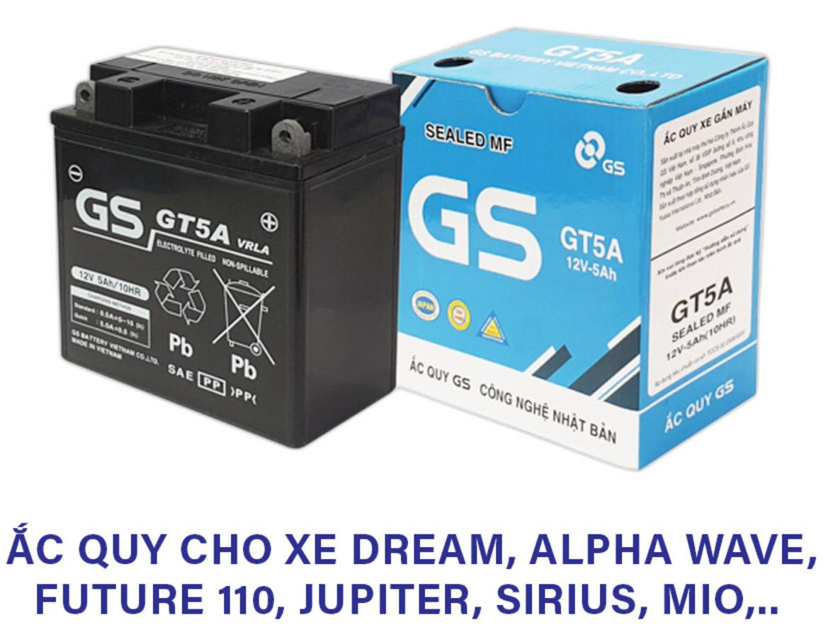 Hero shot Ắc quy GS GT5A — mắt thần báo trạng thái và kích thước thực tế.