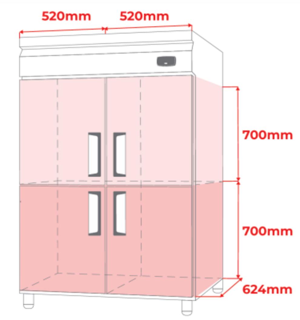 Dung tích lớn 1040L (520L + 520L) — phù hợp nhà hàng & siêu thị mini.