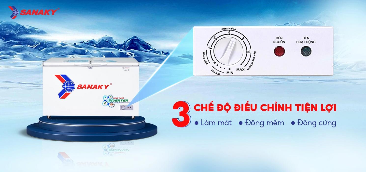 Ảnh bên trong tủ với giỏ đựng, chú thích dung tích và 3 chế độ nhiệt.