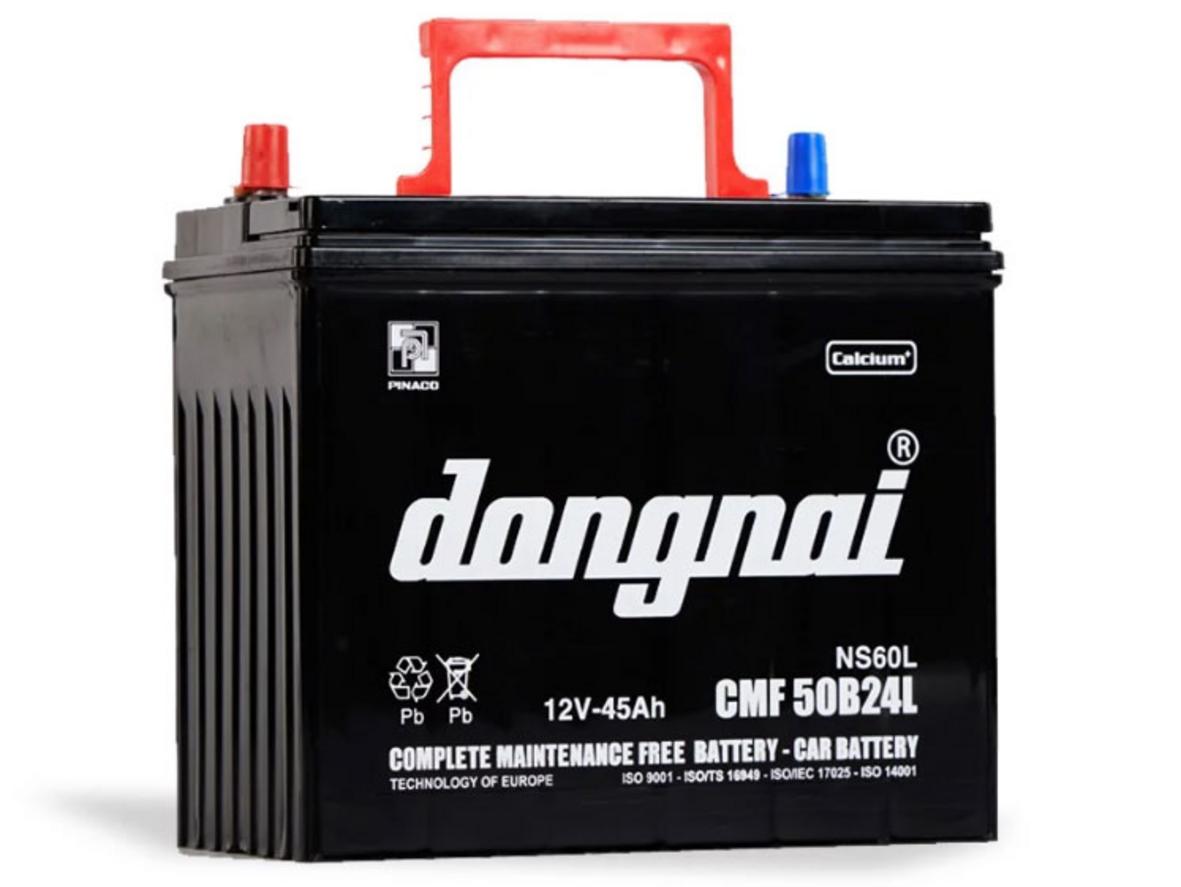 Ảnh thực tế Ắc quy Đồng Nai CMF 50B24L(S) — tem chính hãng, vị trí cọc L (nghịch).
