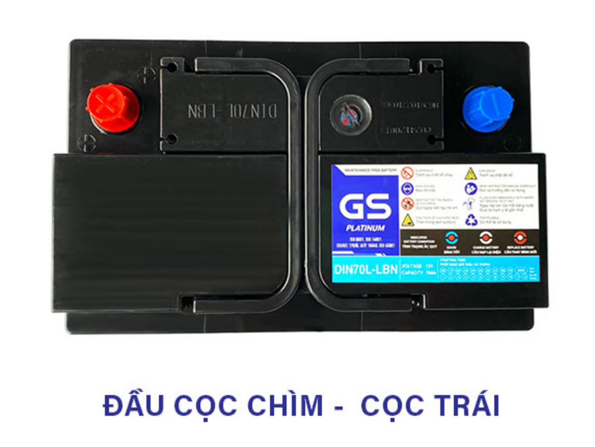 Ảnh thực tế Ắc quy GS DIN70L-LBN (chiều cọc trái, tem seri rõ ràng).
