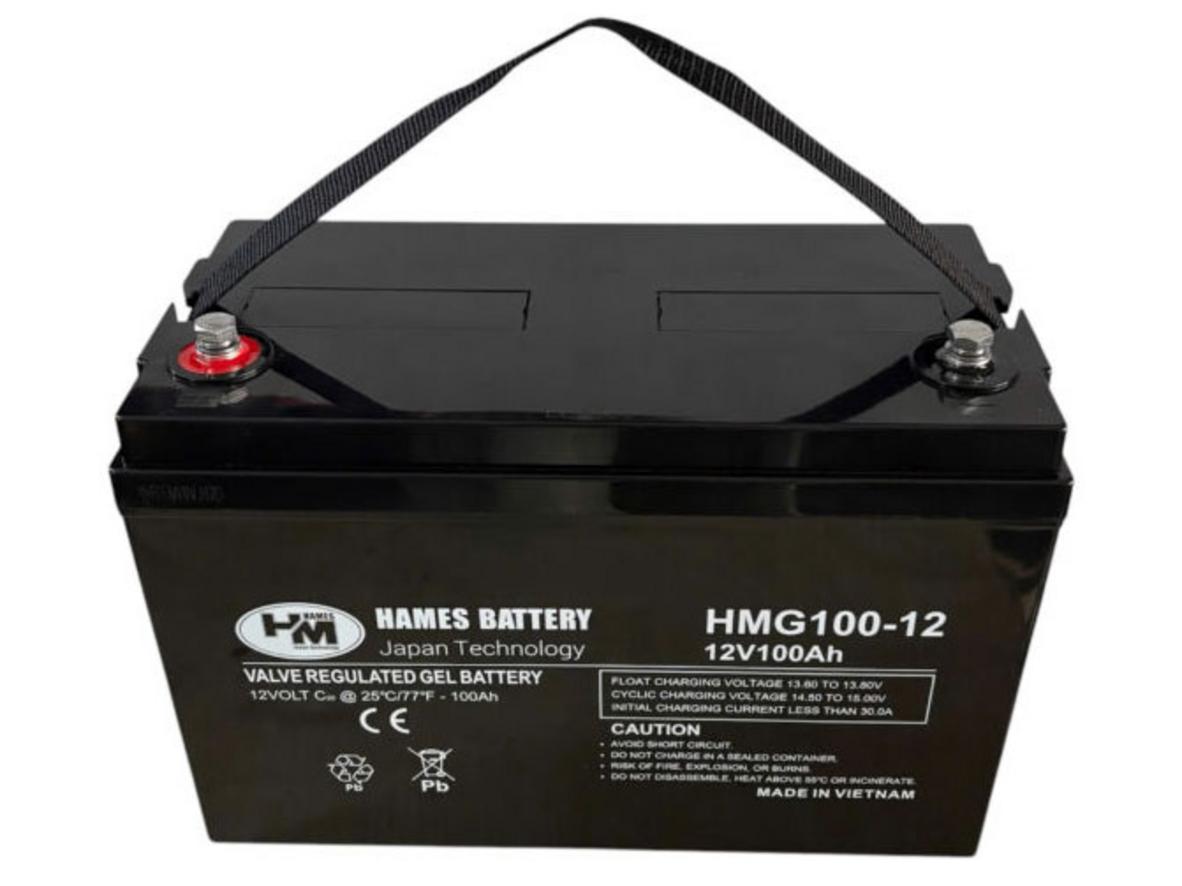 Ảnh thực tế Ắc quy Gel Hames HMG100-12 với tem hãng và tem Siêu Thị Đại Việt.