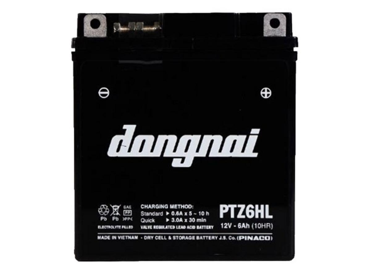 Ảnh thật sản phẩm: Đồng Nai PTZ6HL (12V-6Ah) — tem, kích thước và mã sản phẩm rõ ràng.