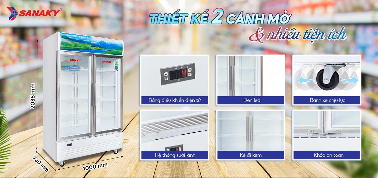 Tủ Mát Sanaky VH-1009HP trưng bày chuyên nghiệp cho siêu thị và cửa hàng.
