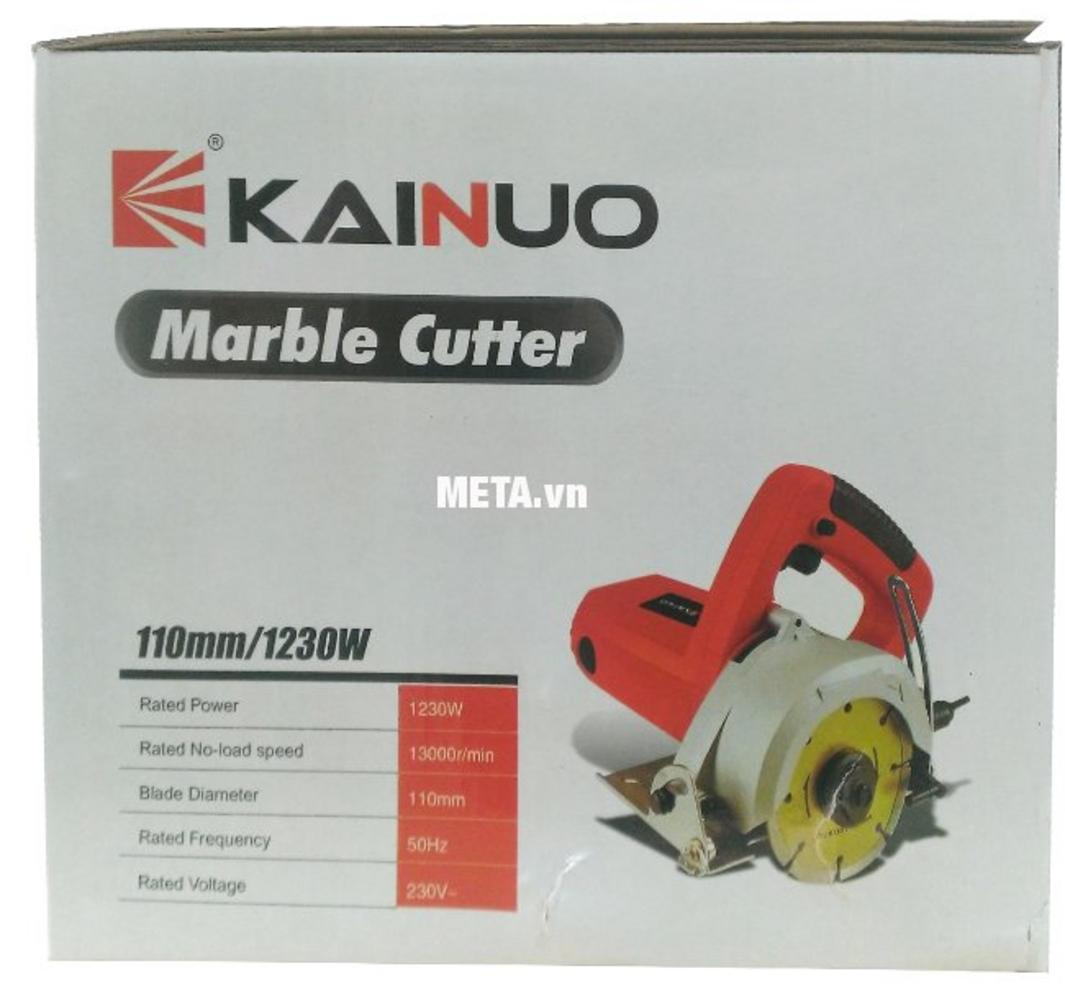 Cận cảnh lưỡi cắt 110mm đang cắt gạch men/granite (demo có video ngắn).','imagePrompt':'Action shot of the 110mm blade cutting tile and a small granite sample, with dust visible and protective shield shown.