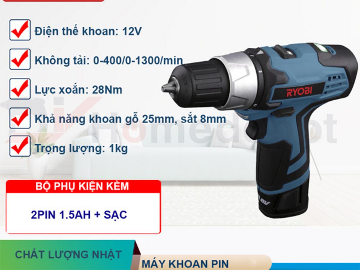 Bộ 2 pin Li-ion 12V 1.5Ah và sạc nhanh (~30 phút).