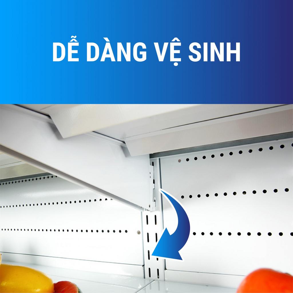 0–10°C, công suất 1860–2300W — phù hợp trưng bày rau củ và đồ uống.