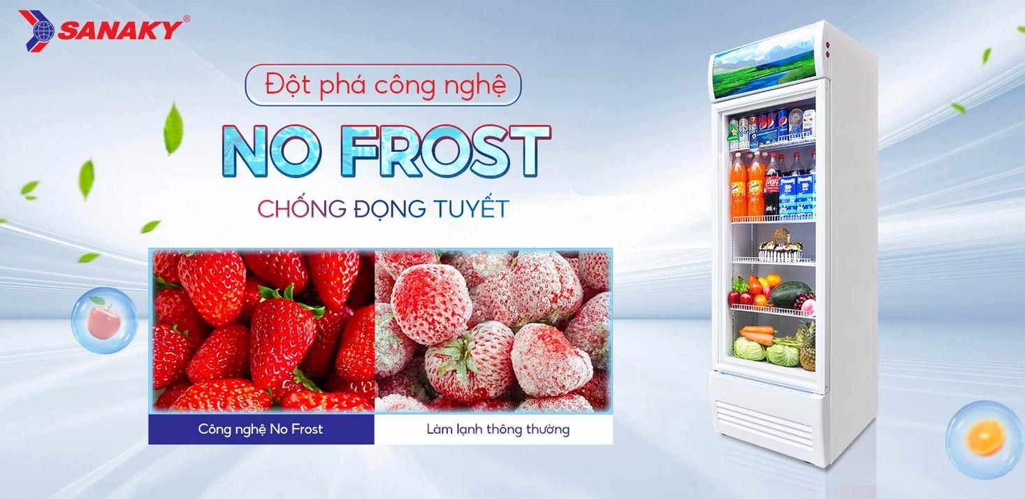 No‑Frost giữ tủ sạch, không đóng tuyết — tiết kiệm công bảo trì hàng tháng. Suggested image: interior view showing no frost buildup and clear shelves with products visible without ice buildup (bright lighting).