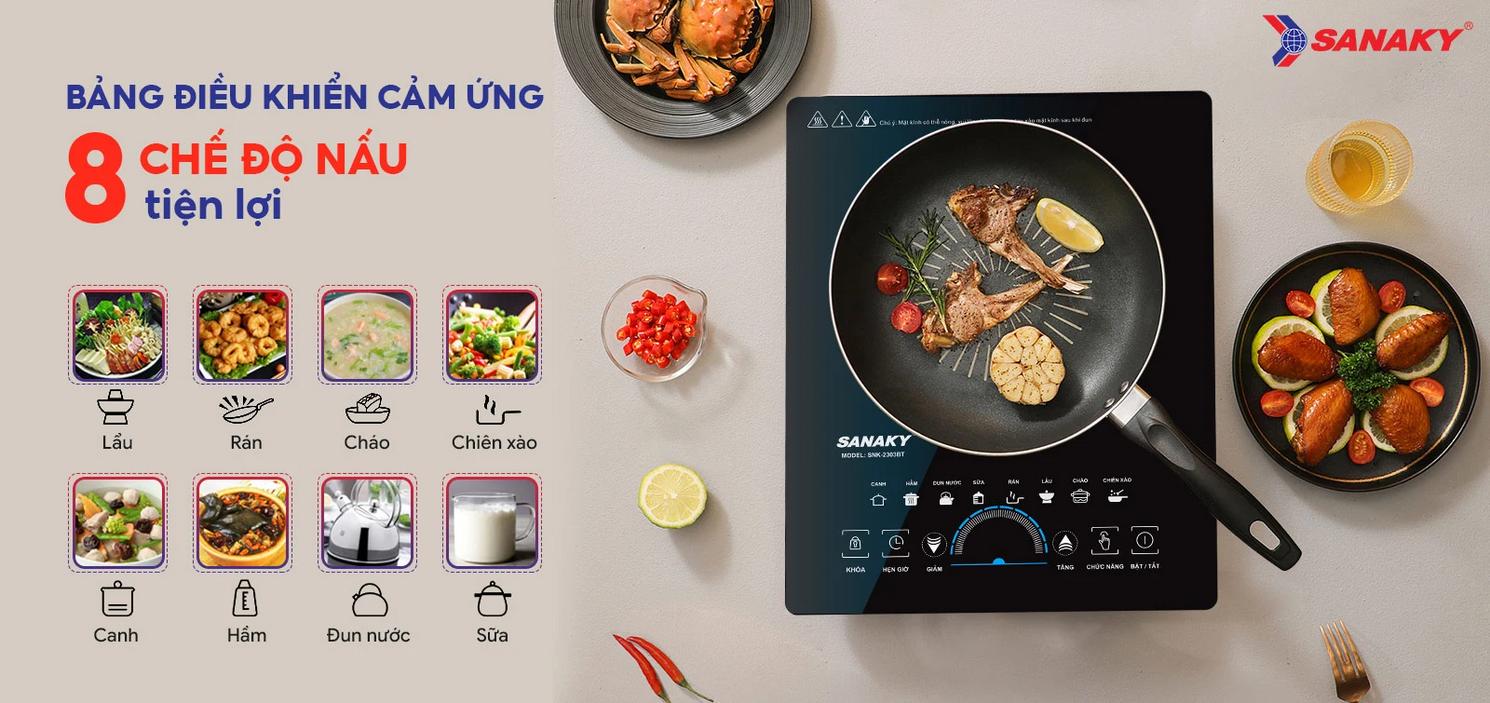 Bếp từ đơn Sanaky SNK-2303BT kèm nồi inox 28cm — nhỏ gọn, nấu nhanh, dễ vệ sinh.