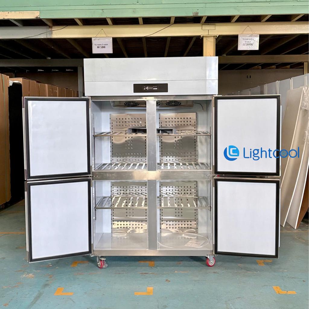 Thân Inox sáng, dễ vệ sinh; imagePrompt: Close-up of stainless steel exterior with clean surface and opened door showing interior shelving.