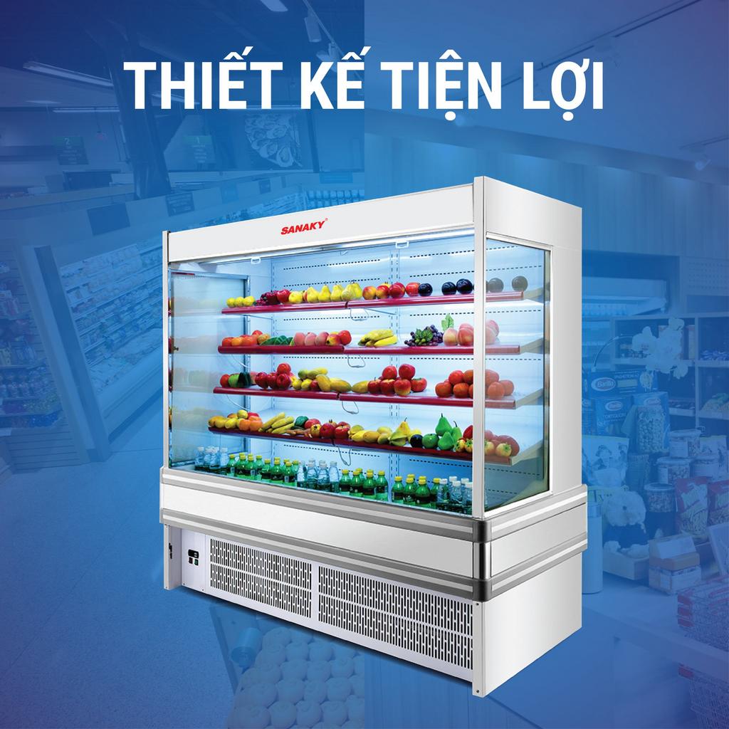 Tủ Mát Sanaky VH-20HPS trưng bày rau củ quả và đồ uống trong siêu thị.