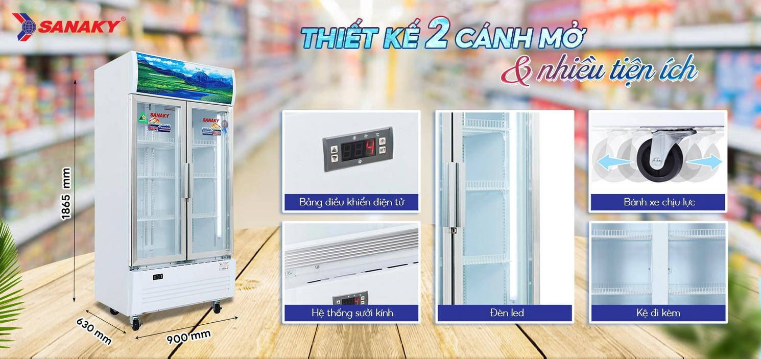 Tủ mát 2 cánh Sanaky VH-6009HP trưng bày bắt mắt trong siêu thị mini.