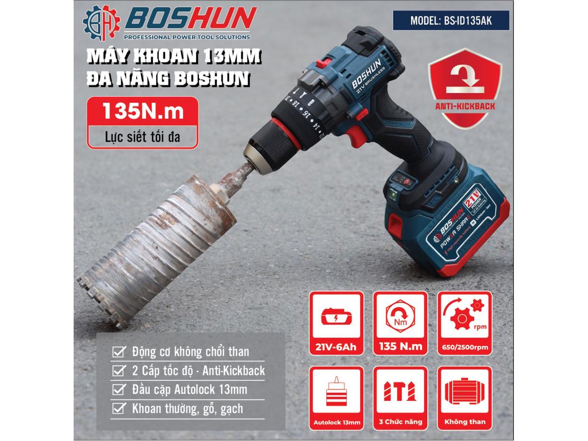 135Nm + 13mm Autolock giúp khoan nhanh và chắc