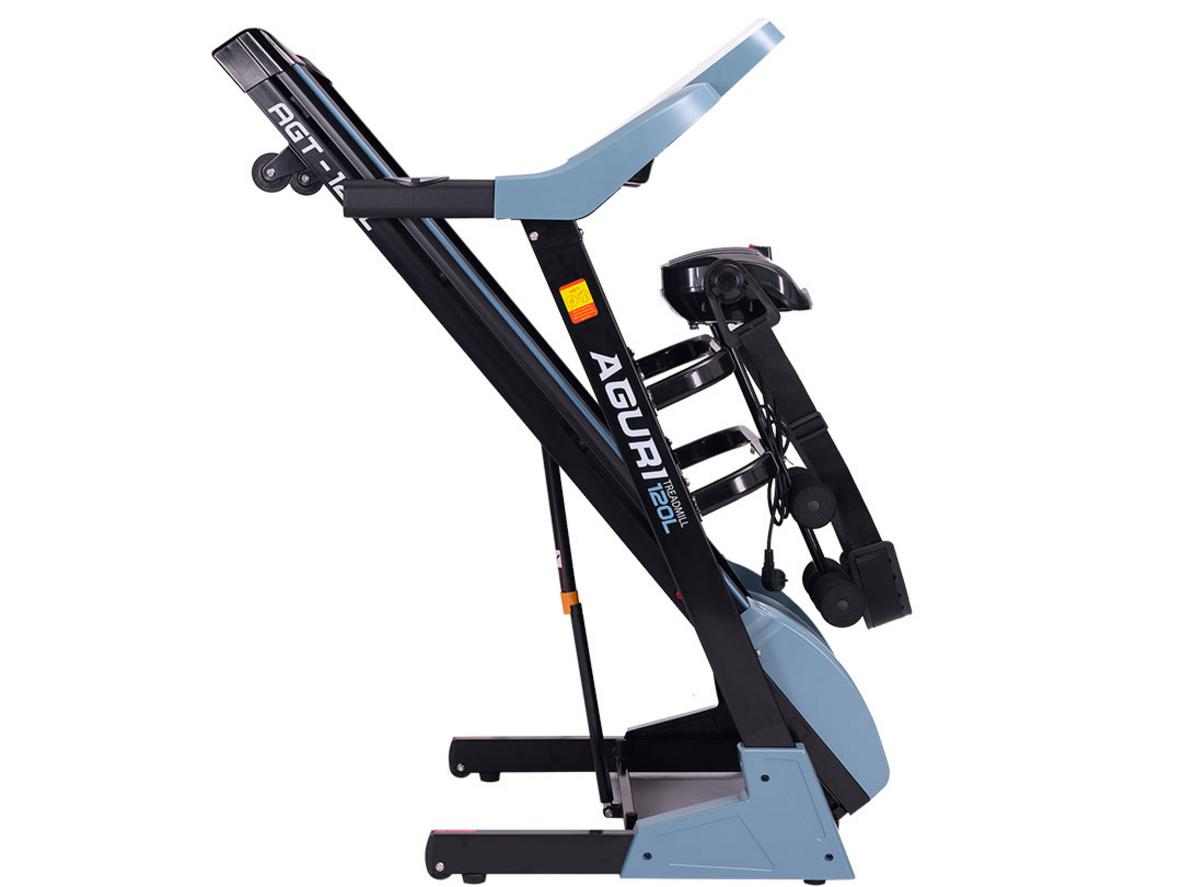 Gập gọn & bánh xe di chuyển của AGT-120L; imagePrompt":"Image showing treadmill folded upright with wheels and person moving it in a small apartment"}],