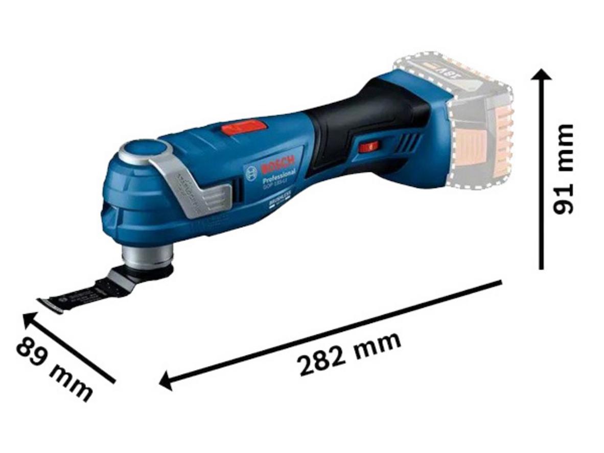 Động cơ Brushless của GOP 185-LI — ít bảo trì, hiệu suất cao động cơ không chổi than (Brushless). Metals workshop close-up image prompt: show motor housing with Bosch logo and tool in use without battery, emphasis on ventilation slots and compact motor design, natural lighting.