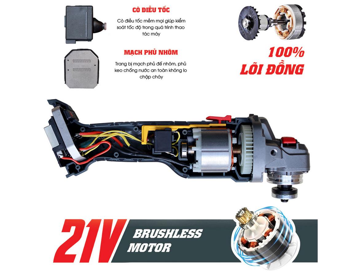 Cận cảnh động cơ không chổi than và nhãn lõi đồng 100% — bền bỉ và mạnh mẽ trong thực tế sử dụng.