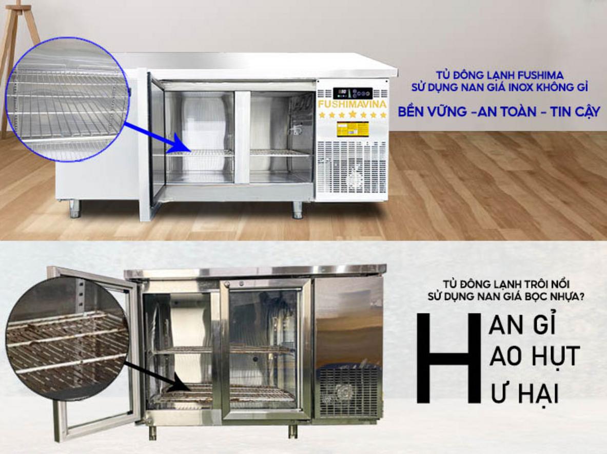 Vỏ inox chống gỉ, mặt bàn 14 khay topping