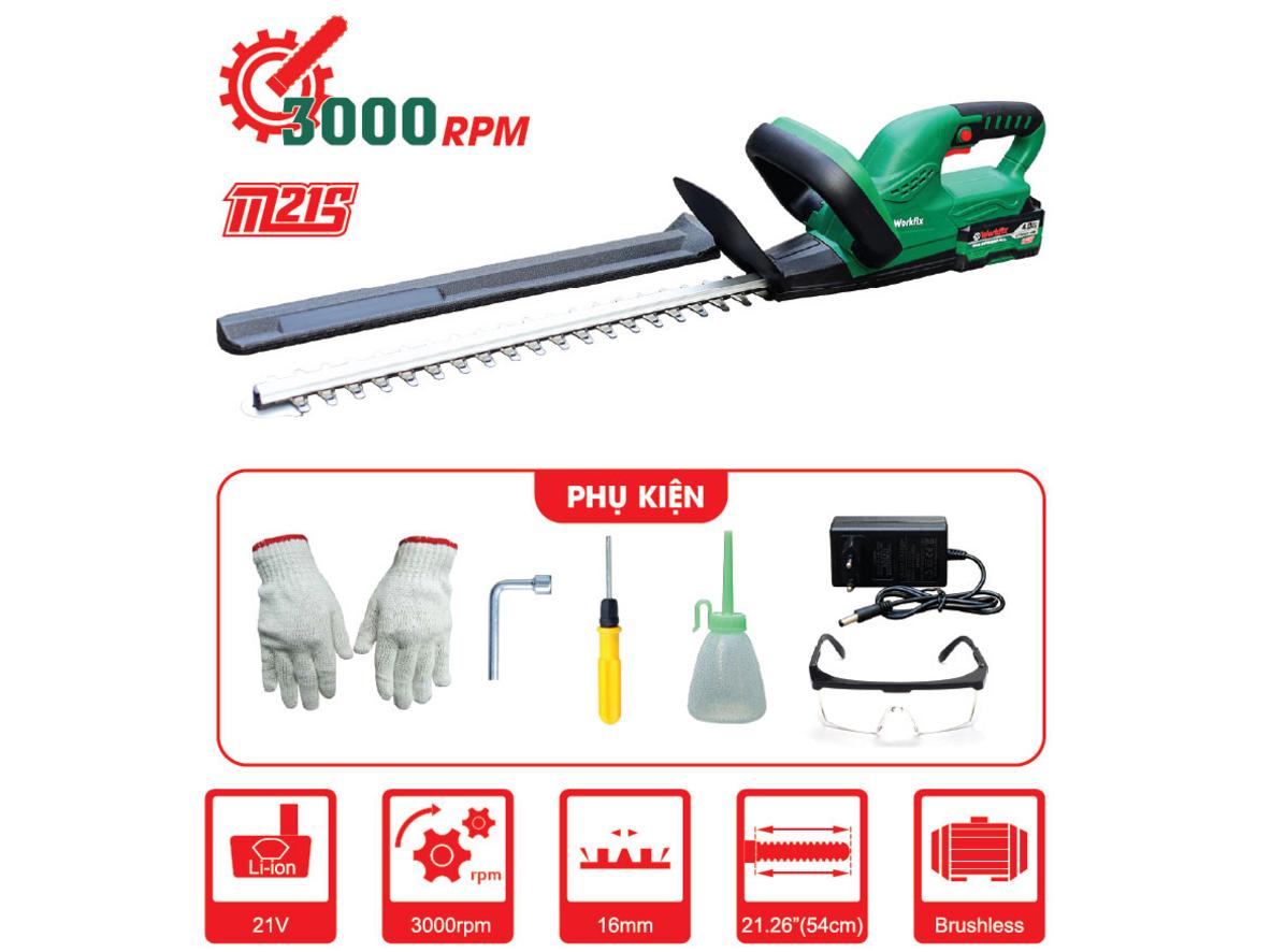 Lưỡi 54cm của WF-HT20 cắt đều & mịn (ảnh minh họa) - imagePrompt: Close-up of the 54cm blade cutting a hedge, showing clean cut edges.