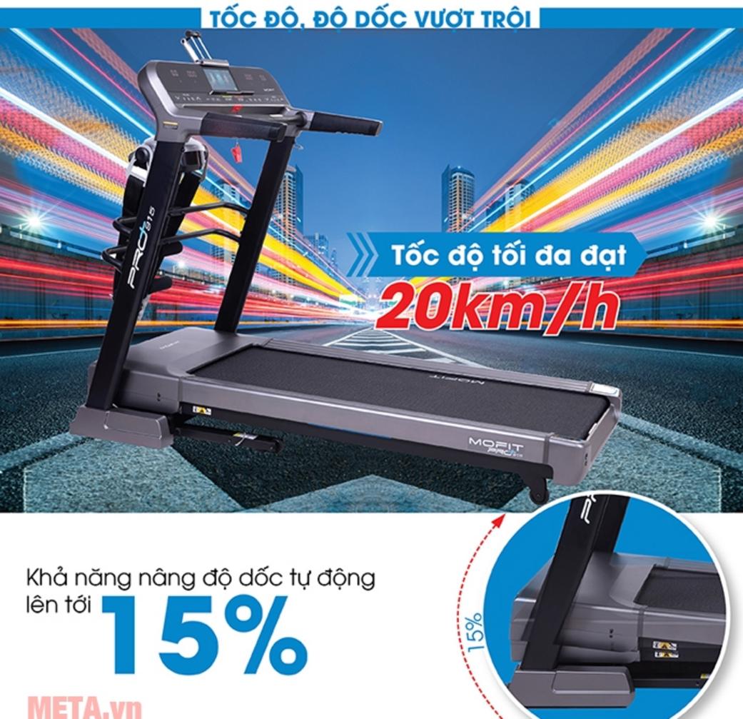 Độ nghiêng 0–15% mô phỏng địa hình, tối ưu hoá tác dụng tập luyện.