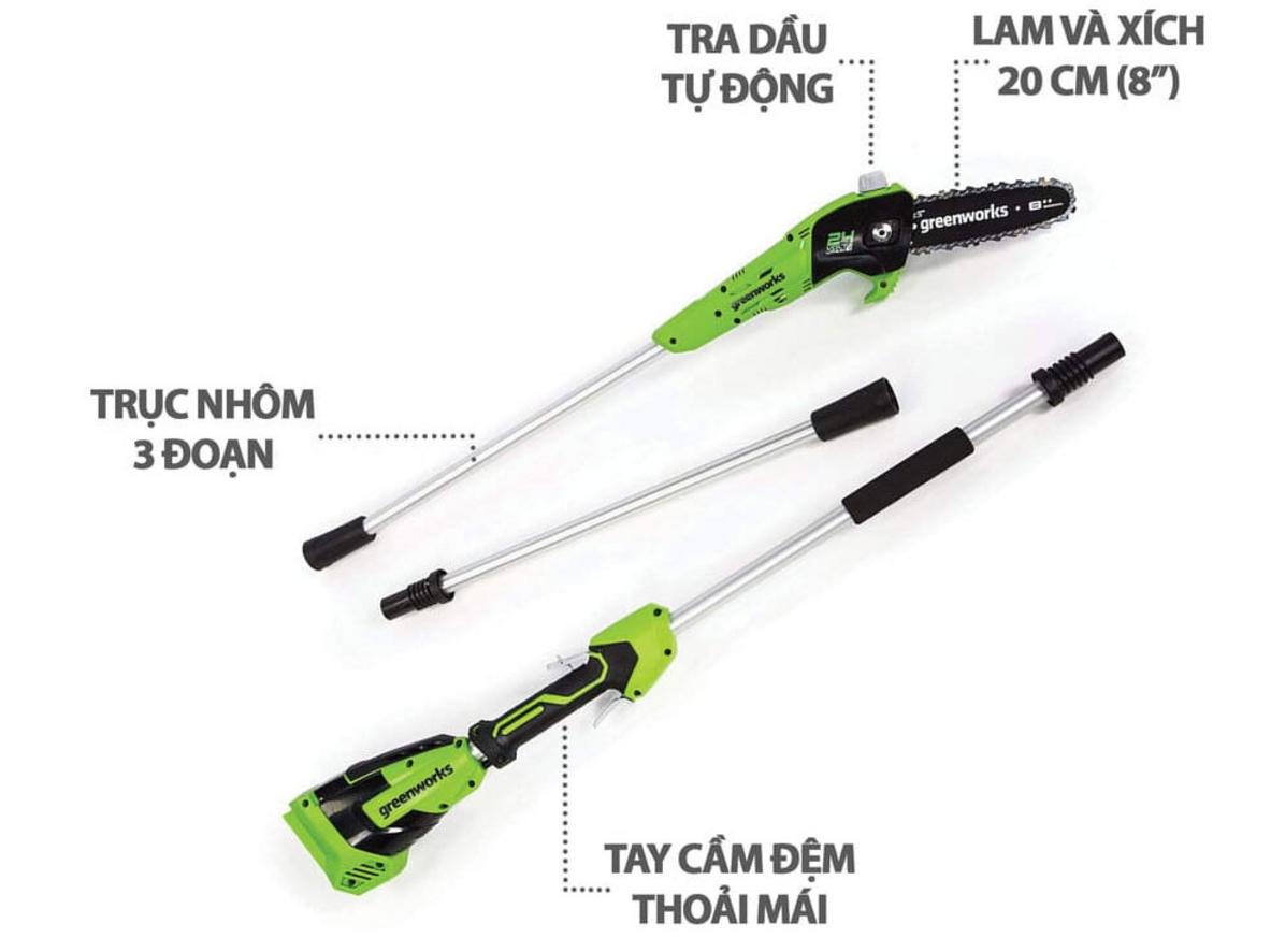 Tổng quan Máy cưa cắt cành tầm cao dùng pin Greenworks 24V PS24B00 (Chưa pin, sạc)