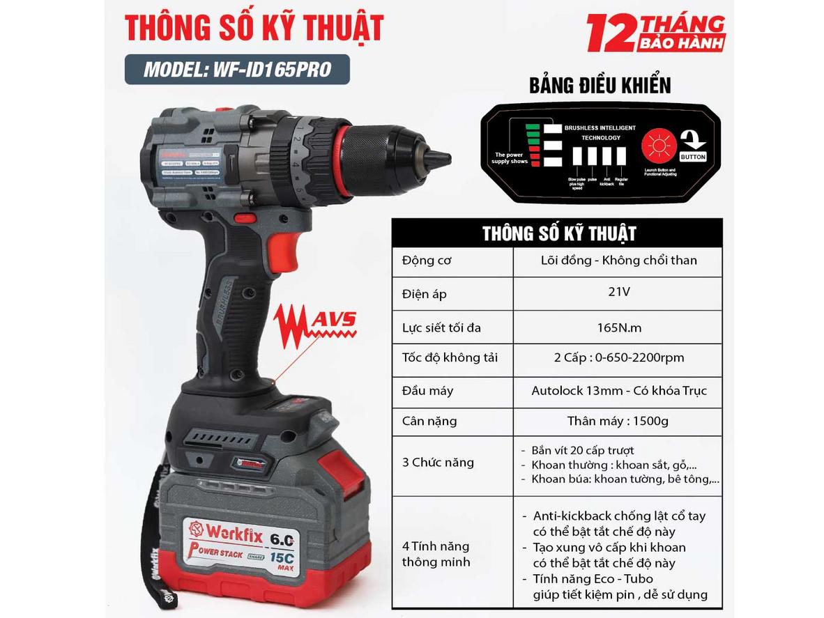 Tổng quan Máy khoan pin Workfix WF-ID165PRO