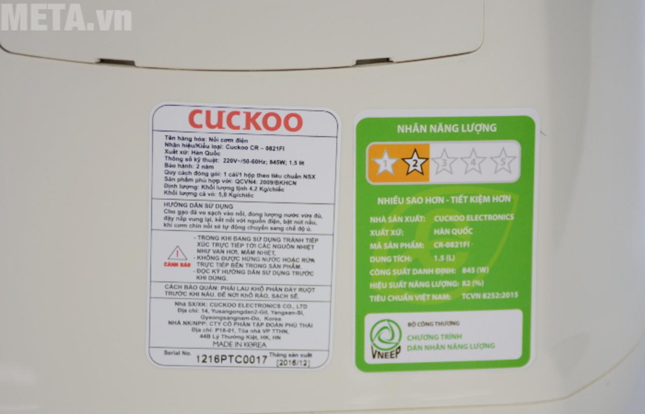 Tổng quan Nồi cơm điện tử Cuckoo CR-0821FI 1.5 lít