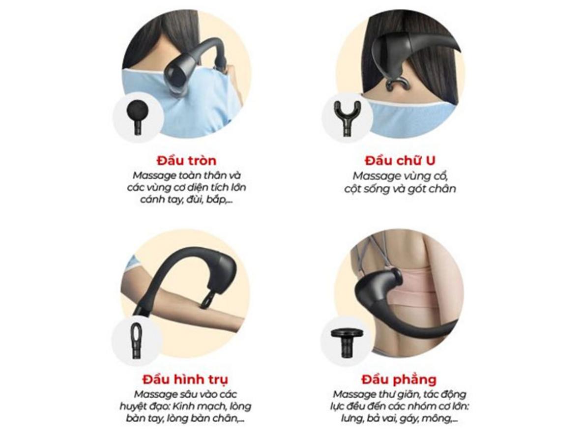 4 đầu massage thay thế và 5 cấp độ rung linh hoạt.