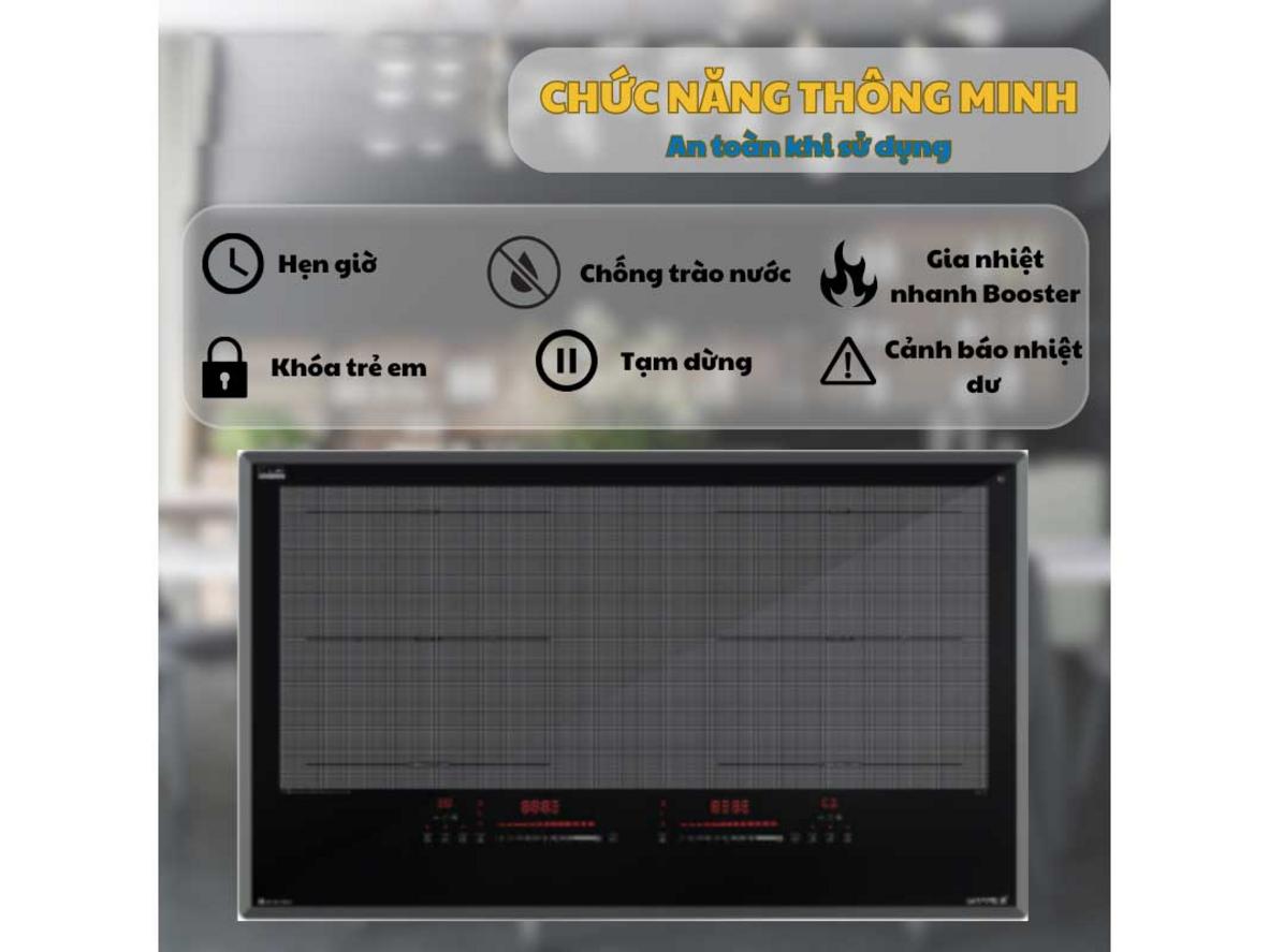 2 vùng nấu 2100W với Booster 3000W cho tốc độ nấu vượt trội.