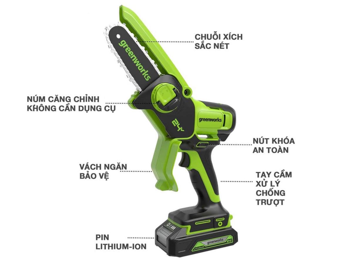 Tổng quan Máy cưa xích mini cầm tay dùng pin Greenworks 24V CS24L02 (Chưa pin, sạc)