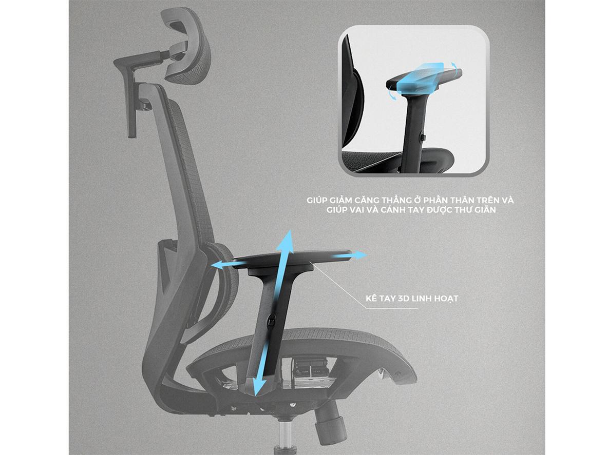 Tay ghế 3D và tựa đầu 3D hỗ trợ tư thế ngồi linh hoạt.